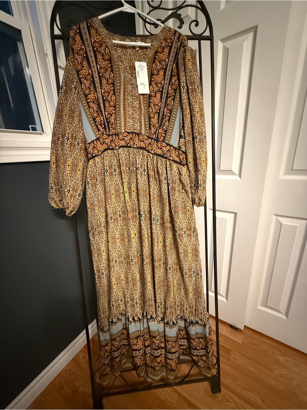 Bohemian Floral Print Maxi Dress in Brown and Blue New with tags